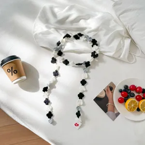 Handmade crochet floral strap diy accessory black and white flower decorative ribbon string