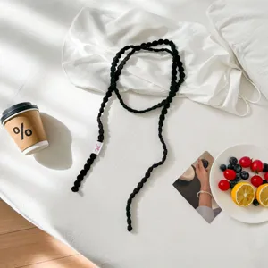Handmade black crochet knitted neck chain scarf detail, versatile Korean style chic accessory.