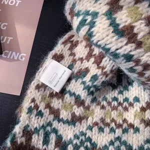 Close-up detail of a cozy wool blend knitted scarf featuring a vintage Fair Isle pattern.