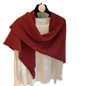 Dark red knitted triangle scarf shawl, versatile winter neck warmer wrap for women.