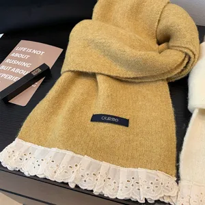 Yellow knitted winter scarf with delicate white lace ruffle trim cozy warm neck wrap accessory