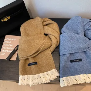 Close-up detail of cozy knitted winter scarves with sweet white lace trim, soft texture, elegant.