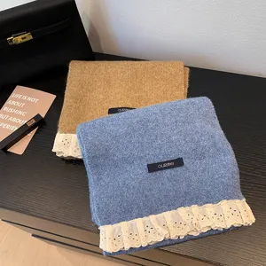 Sweet knit scarf with delicate lace trim, cozy winter warm fashion accessory for women.