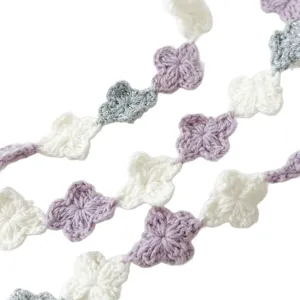 Crochet flower lace trim, white and purple DIY handmade clothing accessories for children's decor.