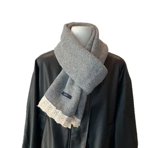 Grey knit scarf with white lace trim, sweet style winter warm neckerchief for women.