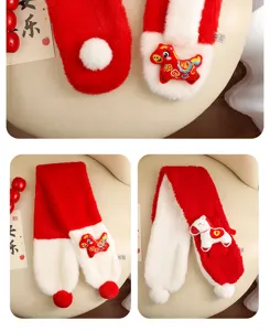 Echarpe en peluche rouge et blanc pour enfants fausse fourrure broderie cheval hiver chaud