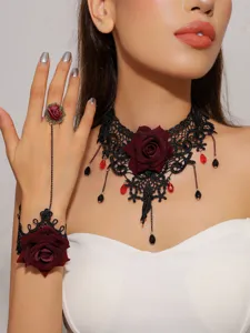 Gothic vintage black lace rose choker necklace ring bracelet jewelry set for women detail.
