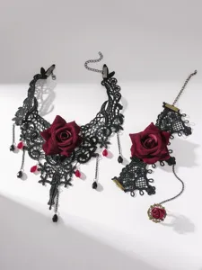 Gothic black lace red rose choker necklace ring bracelet set for women dark style jewelry