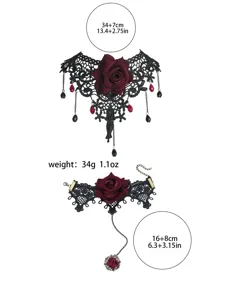 Gothic black lace rose choker necklace and bracelet jewelry set detail display with dimensions.