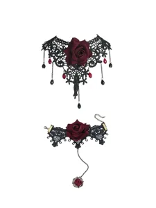 Gothic black lace choker necklace and bracelet jewelry set with dark red rose pendant.