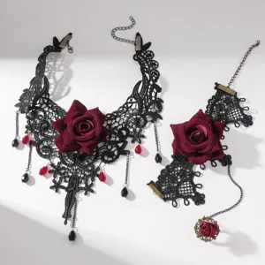 Gothic black lace rose choker necklace bracelet ring set for women vintage jewelry