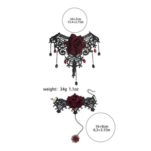 Gothic black lace rose choker necklace and matching ring bracelet set with red floral drops.