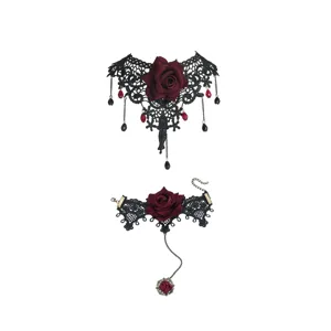 Vintage black lace rose choker necklace and slave bracelet set gothic dark style jewelry