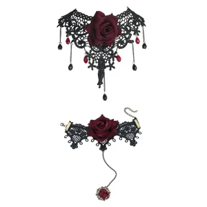 Gothic black lace choker and bracelet set with burgundy rose and bead dangles for women.