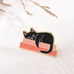 Cute black cat enamel pin creative literary book brooch badge for lapel backpack