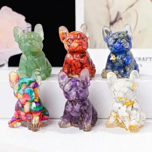 Natürliche Kristall Ornamente Epoxidharz Französische Bulldogge Figur Goldfolie Handwerk Niedliche Welpen Statue Tisch Deko Büro Zuhause Geschenk