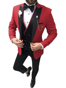 Men's slim fit red blazer black vest 3-piece suit set for business wedding and formal events.