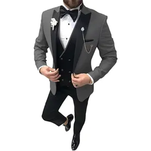 Men slim fit grey suit three piece detail view showcasing black lapel tuxedo jacket and vest