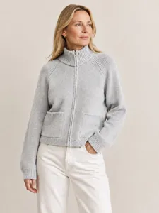 Women's Casual Loose Knit Cardigan Sweater Polyester Acrylic Full Zip Front Mock Neck Ribbed Cuffs Pockets Outerwear Top