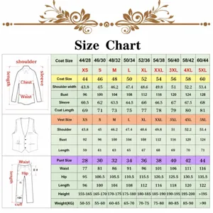 Tableau des tailles détaillé pour costume slim d'affaires homme gilet et pantalon, guide.