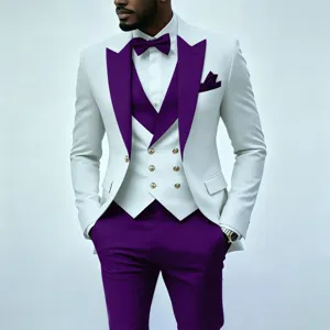 Herren Anzug Dreiteiler weiß lila slim fit Business Party Anzug Detailansicht Mode.