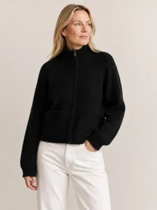 Women full zip ribbed knit cardigan casual loose sweater top detail view front display