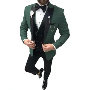 Men's three-piece slim suit set featuring a dark green blazer, black vest, and trousers.