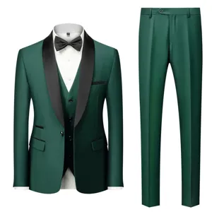 Men's dark green three-piece slim fit business wedding suit set with shawl lapel