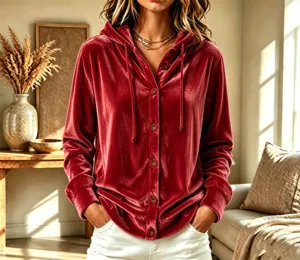 Vue détaillée d'un sweat à capuche en velours rouge avec boutons et cordon dans le salon cosy.