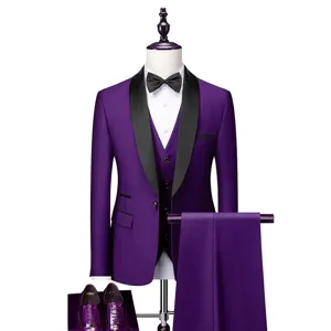 Detailed view of the purple slim fit men's three-piece suit featuring a stylish shawl lapel.