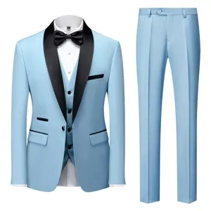 Men slim fit 3-piece business wedding suit shawl lapel light blue blazer vest pants set