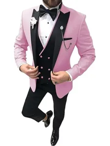 Men's slim fit pink 3 piece suit tuxedo blazer vest trousers for wedding business