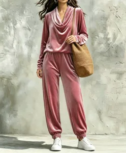 Pink velvet lounge set detail showing the draped collar, long sleeves, and cuffed pants.