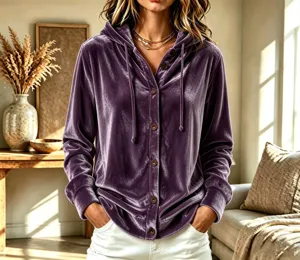 Veste à capuche élégante en velours violet avec boutons, style rétro ample pour femmes.