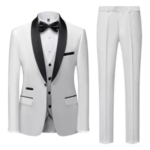 Men's white tuxedo 3-piece set with black shawl lapel, formal wedding suit detail view.
