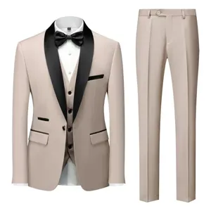 Men's slim fit 3-piece business suit set with black shawl lapel wedding groom tuxedo.