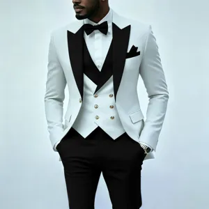 Herren 3 teiliger Smoking Anzug Slim Fit weisses Sakko schwarzes Revers Hochzeit Party