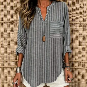 Femme Rayé Col V Manches Longues Poche Blouse Casual Ample Chemise Top Quotidien