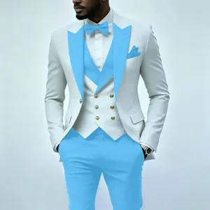 Herren 3-Teiliger Anzug in Weiß und Hellblau Slim Fit Business Hochzeit Party Smoking