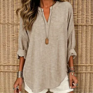 Élégant Chemisier Femme Rayé Col V Casual Ample Manches Longues avec Poche Casual