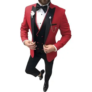 Men slim fit 3 piece suit red blazer black vest wedding business party formal wear set
