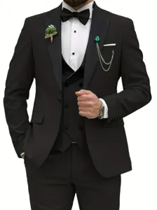 Detailed view of the men's formal suit jacket lapel, bow tie, and elegant brooch accessory.