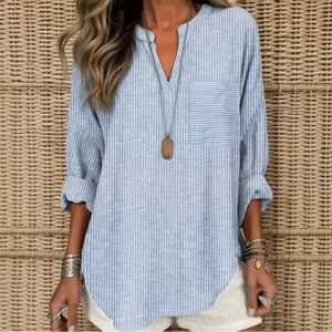 Femme Élégant Rayé Col V Manches Longues Avec Poche Blouse Ample Mode Chemise Principale