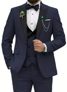 Men navy blue three piece suit set business wedding blazer vest trousers formal wear