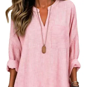 Femme decontractée rayée col V manches longues amples chemisier poche haut mode chic