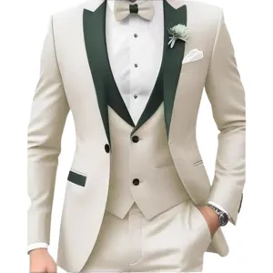 Mens three piece suit slim fit beige tuxedo with dark green lapel for party wedding