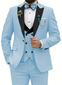 Men light blue 3-piece suit slim fit wedding business formal blazer vest and trousers.