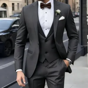 Men's dark grey three-piece suit slim fit business formal wear with matching bow tie.