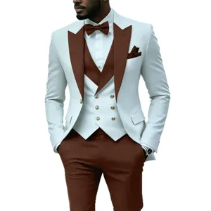 Abito uomo 3 pezzi elegante blazer bianco risvolto marrone gilet pantaloni formale