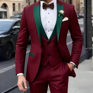 Men's burgundy three-piece suit detail, contrast green lapel, formal party wear closeup